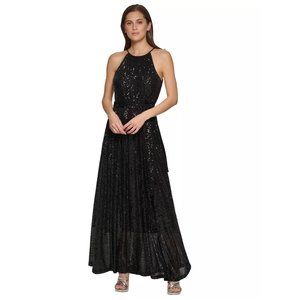 NWT DKNY Women's Sequin Sleeveless Halter-Neck Black Evening Gown